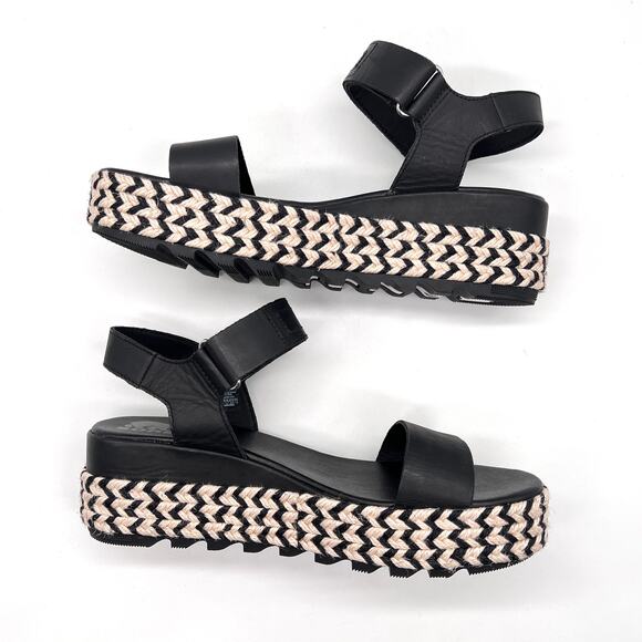 SOREL Cameron Flatform Sandals Womens 9.5 Black Natural Leather Platform Comfort - Picture 7 of 10